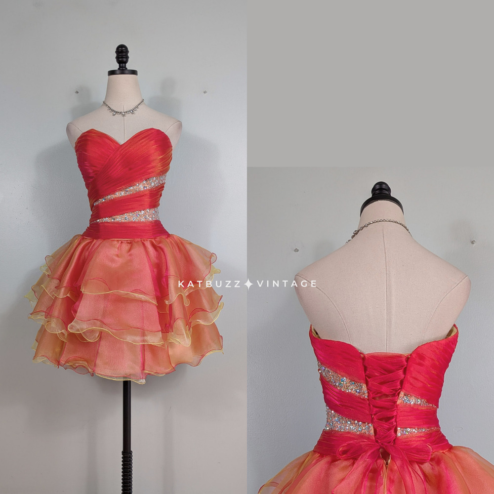 Vintage Prom Dress Mini Gown M Orange Multi Pink Y2K Hoco Ruffle Strapless Glam